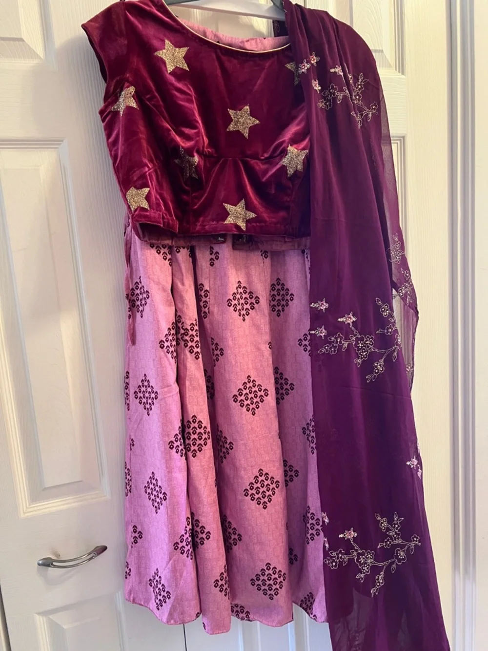Burgundy and Pink Embroidered Lehenga Set - Picture 3 of 7